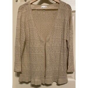 Vtg 90s Beige Open Knit Cardigan Sweater Women's XL Cottage Boho Ruffle LS Y2k